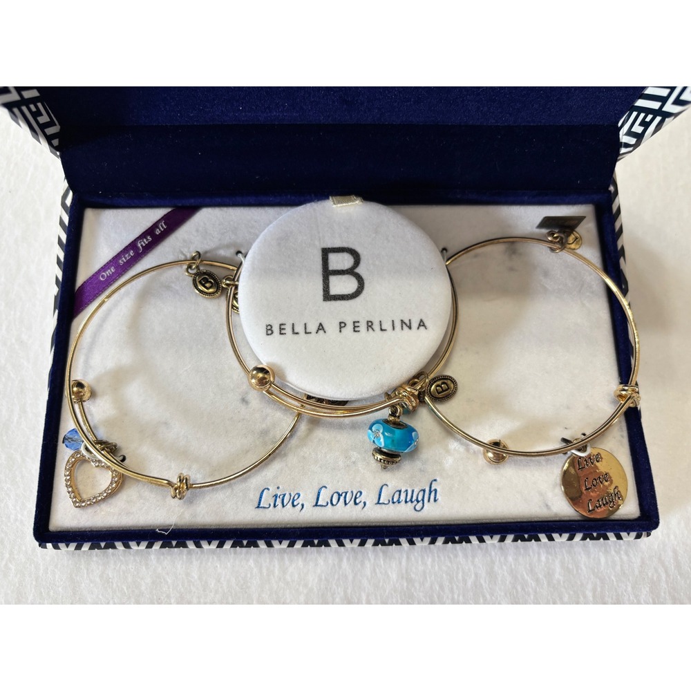 Bella Perlina Live Love Laugh Gold Tone Charm Bangle Bracelet Set 3 Piece Boxed